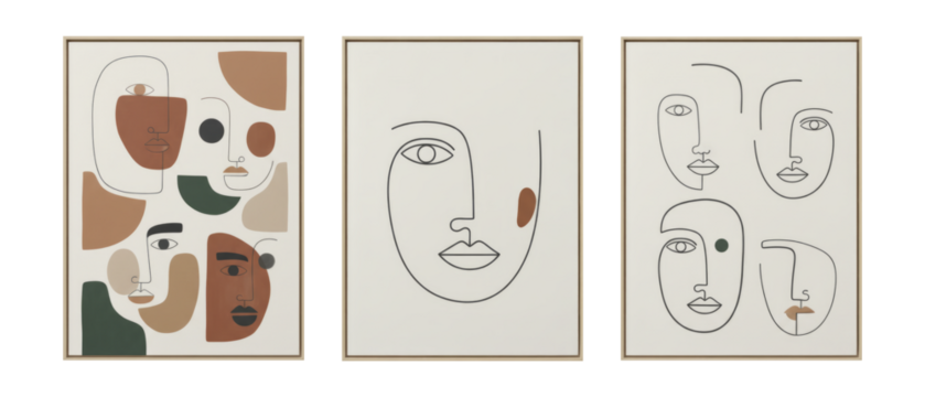 Minimalist abstract face line art paintings in neutral colors.