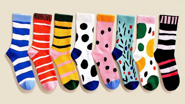 A collection of colorful socks arranged in a row, featuring various patterns such as stripes, polka dots, and abstract designs