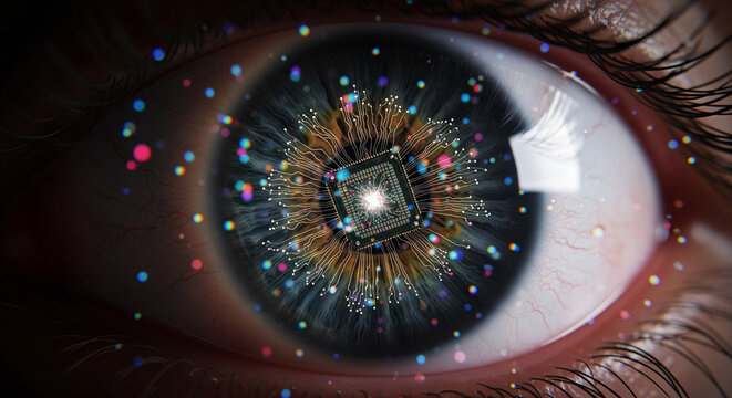 Innovative microchip embedded in the human pupil, restoring vision from blindness.