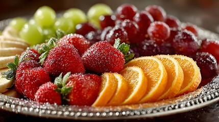 Bright, colorful shot of a luxurious silver platter with an artful arrangement of fresh sliced strawberries, oranges, grapes, and bananas.