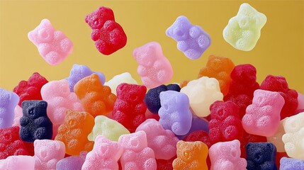 A colorful assortment of gummy bear candies in various flavors and colors, some gummy bears are airborne, creating a playful and vibrant scene
