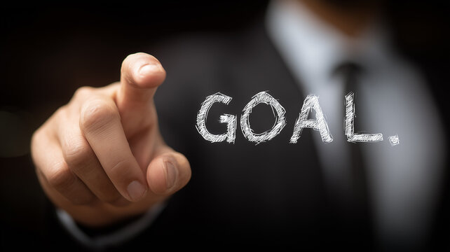 Finger pointing at the word goal to convey clear objective setting and decisive commitment to achievement in business.

