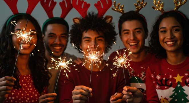 Diverse group of young friends celebrating Christmas or New Year's Eve holding bright sparklers and wearing festive reindeer headbands.