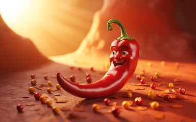 Smiling red chili pepper with tiny figures in warm light