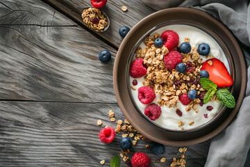 Bol de yaourt au granola et fruits rouges sur table en bois rustique, vue du dessus