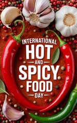 International hot and spicy food day with chili peppers and garlic