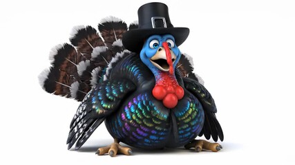 Festive 3D cartoon turkey wearing a pilgrim hat, perfect for Thanksgiving celebrations
