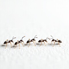 AI generated close-up of ants walking in a line on white background