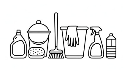 Bucket cleaning tools and household chemicals line art vector illustration