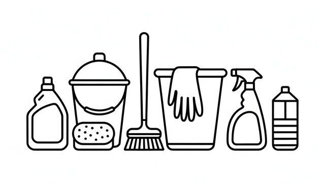 Bucket cleaning tools and household chemicals line art vector illustration