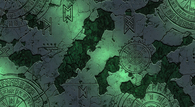 Seamless ancient stone background with green glowing runes.