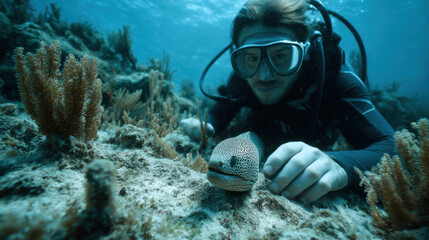 Scuba diver observing a small fish near coral on the seabed, capturing curiosity, marine exploration, and close interaction with underwater wildlife