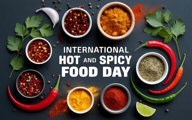 International hot and spicy food day celebration with chili peppers and spices