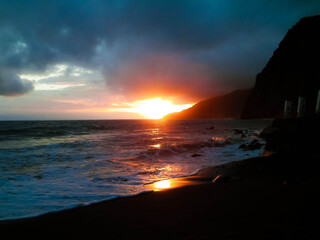 Beautiful sunset over Povocao beach. Azores, Portugal.