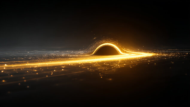 Golden light trail with glowing particles in the dark, abstract background