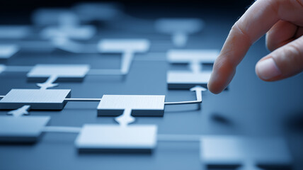 Finger guiding a modular flowchart to illustrate process mapping, decision pathways and efficient workflow optimization.
