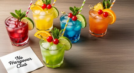 Colorful mocktails on a table.