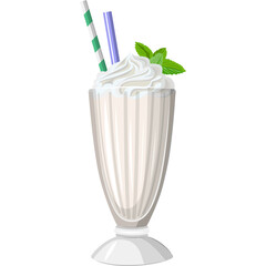 Creamy Vanilla Milkshake With Whipped Cream and Mint Leaves and Two Straws in Tall Glass on Transparent Background