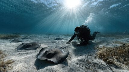 Scuba diver approaching a stingray on the sandy ocean floor with sunlight rays, capturing underwater exploration and a calm connection with marine wildlife