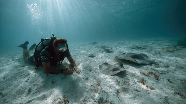 Scuba diver approaching a group of stingrays on the ocean floor, showing marine exploration, curiosity, and harmony with underwater wildlife - Powered by Adobe