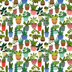 Seamless pattern with potted plants. Flat illustration: succulents, snake plants, monstera, and tall cacti. Perfect for home decor, wallpaper, fabric, stationery, wrapping paper, botanical designs.