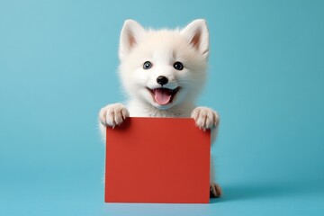 Isolated baby animal on a solid uniform blue background. Cute beast product pose. Wild beast in frame. Cute baby animal arctic fox hold in front paws a layout - large red zoo sign.