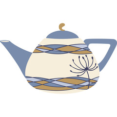 Cream Colored Teapot With Blue And Gold Geometric Pattern And A Delicate Floral Design On A Transparent Background