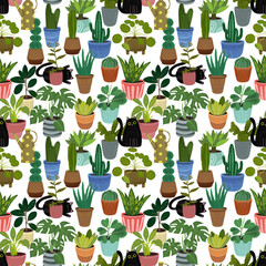 Seamless pattern with black cats and potted plants. Playful  illustration with various houseplants. Ideal for fabric, wallpaper, wrapping paper, stationery, home decor and fun botanical theme.
