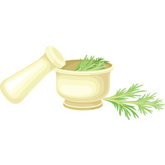 Cream Mortar and Pestle with Fresh Green Rosemary Sprigs on a Transparent Background