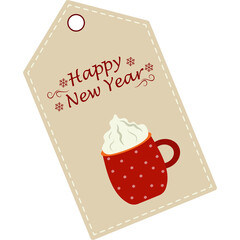 Creamy Hot Beverage Tag With Happy New Year Message And Red Cup With White Polka Dots On A Beige Background With Dashed Border And Hole