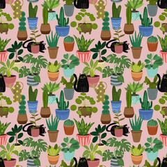 Seamless pattern with black cats and potted plants. Playful  illustration with various houseplants. Ideal for fabric, wallpaper, wrapping paper, stationery, home decor and fun botanical theme.
