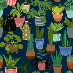 Seamless pattern with black cats and potted plants. Playful  illustration with various houseplants. Ideal for fabric, wallpaper, wrapping paper, stationery, home decor and fun botanical theme.