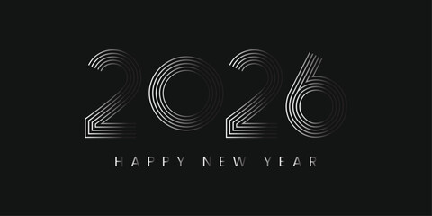 2026 Happy New Year &ndash; Modern Silver Line Art Typography on Black Background &ndash; Minimalist Vector Design for Banners, Social Media, Invitations & Corporate Greetings