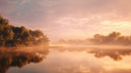 Fototapeta premium Serene sunrise on calm river. AI image