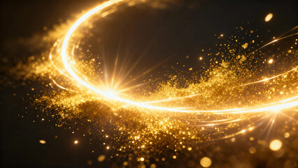 Shimmering golden light. Rays. Beams. Black background. Glitter.