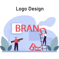 Creative Team Collaborating On Brand Identity Design With Large Letters And Stylized Elements In A Modern Flat Illustration Style With A Light Blue And Purple Color Palette