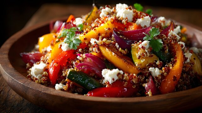 Ultra-Realistic Vibrant Quinoa Salad with Roasted Vegetables and Feta Captured in a Close-Up, Showcasing Fresh, Rustic, and Homemade Elements for a Genuine Appeal