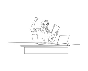 Woman celebrating success at desk with laptop and book with line art illustration 
