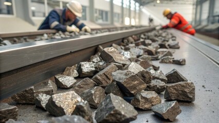 Naklejka premium Workers Inspecting Rare Earth Rock Pieces on Stainless Surface