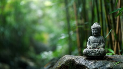 Serene buddha statue amidst lush bamboo grove. AI image