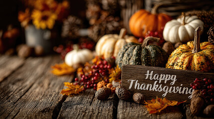 A beautiful Thanksgiving - themed still life featuring white and orange pumpkins, pine cones, autumn leaves, nuts, and red berries on a rustic wooden surface with a "Happy Thanksgiving" sign