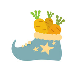 Winter blue boots with carrot inside and stars, symbol of Sinterklaas. Sinterklaas cartoon hand drawn shoes with carrot. Saint Nicholas Day Poster Vector, Dutch Celebration Card with Gift in Boot