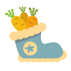 Winter blue boots with carrot inside and stars, symbol of Sinterklaas. Sinterklaas cartoon hand drawn shoes with carrot. Saint Nicholas Day Poster Vector, Dutch Celebration Card with Gift in Boot