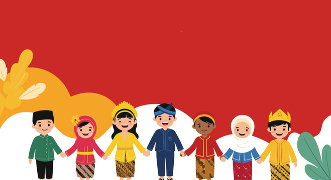 A diverse group of Indonesian children in various traditional costumes from different regions, holding hands in unity against a red background.