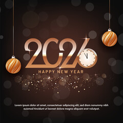 Happy New Year 2026 Celebration Poster with Countdown Clock and Sparkling Christmas Bauble