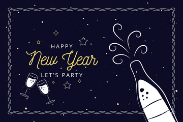 Happy New Year Let's Party Celebration Banner Greeting Card With Wine and Glass Design