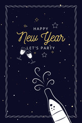 Happy New Year Let's Party Celebration Flyer Greeting Card With Wine and Glass Design