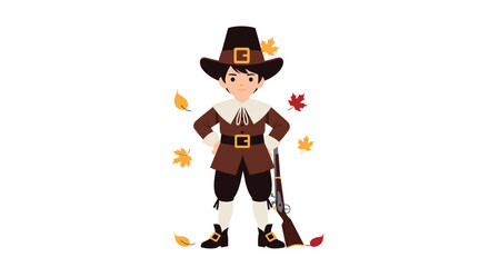 Obraz premium Confident young pilgrim boy in historical costume holding a musket celebrates Thanksgiving with falling autumn leaves around him.