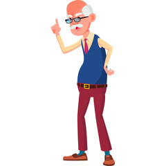 Elderly Man Wearing Blue Vest Red Pants and Tie Gesturing with Finger Standing on Transparent Background