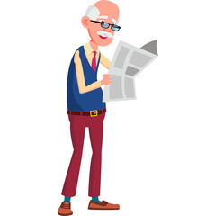 Elderly Man With Glasses Reading Newspaper Portrait Full Body Wearing Blue Vest Red Pants And White Shirt And Brown Shoes Standing On Transparent Background